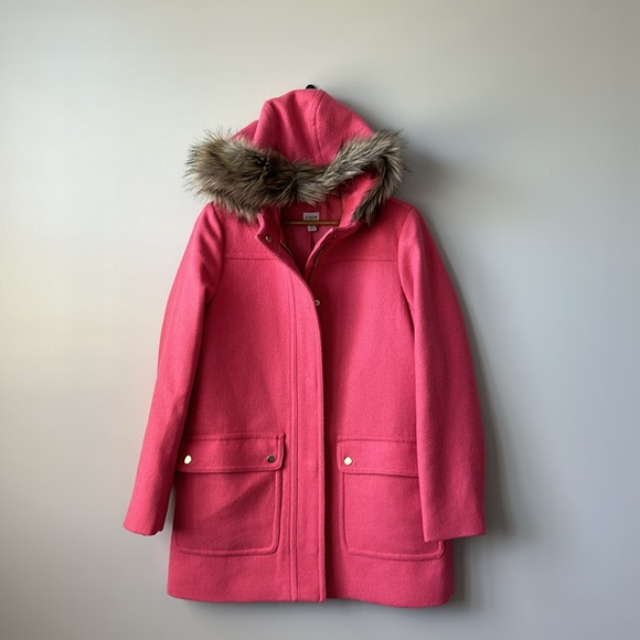J Crew Factory Pink Heavy Wool Blend Faux Fur Trimmed Parka Coat 8 - Picture 3 of 10